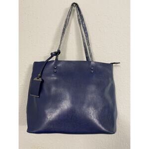 Y2K Womens Blue Colored Tote Handbag Convertible Crossbody Silver Faux Leather